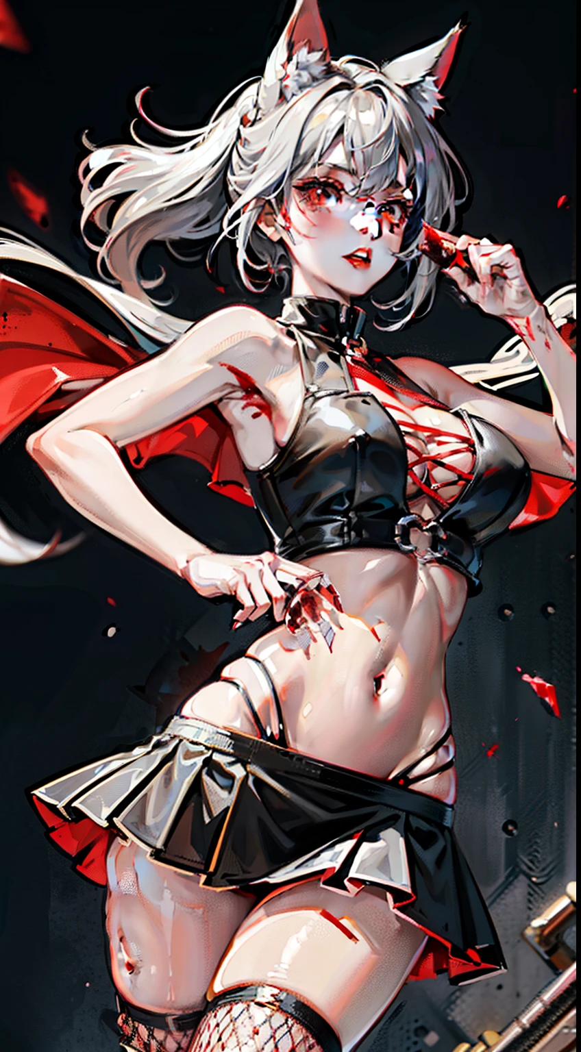 girl, medium length gray hair, red eyes, Wolf ears, Red tight top, Sleeveless, Fishnet tights, Leather skirt, tmasterpiece, high high quality,There is blood around the belly button,stomach injury,There is blood in the belly button,bloods,wounded,Cover your tummy
