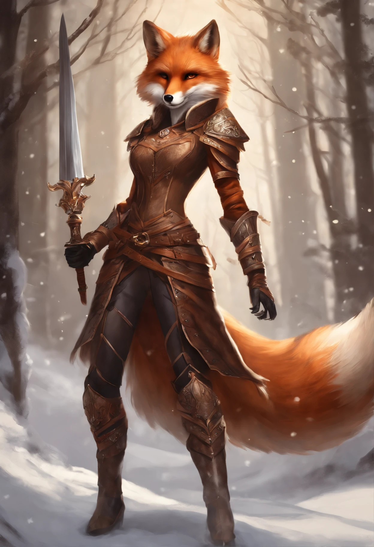 a woman in a brown outfit stands with a sword and a fox, Armor dress, Inspired by Kitsune, fur armor, Wearing fur armor, Female anthropomorphic wolf, a beautiful fox lady, Fur and leather armor, wearing intricate fur armor, Wolf armor, anthro art, very very beautiful furry art, art of silverfox, Red Female Killer, female fox