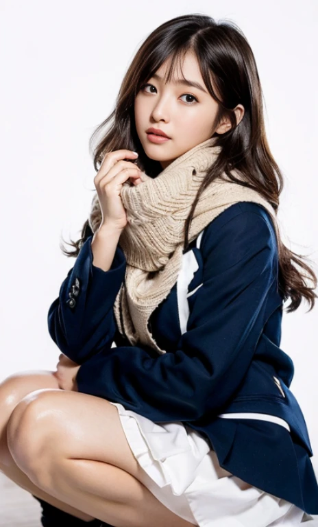 ulzzang -6500-v1.1, (Raw foto:1.2), (Photorealsitic:1.4), a beautiful detailed girl, extremely detailed eye and face, beatiful detailed eyes, Ridiculous, unbelievable Ridiculous, huge filesize, ultra-detailliert, hight resolution, ighly detailed, top-quality, masterpiece, Kemomimi, ((Bury your face in a white scarf)), (((Japan schoolgirl uniform))), illustratio, ighly detailed, nffsw, unification, 8k wallpaper, astonishing, finely detail, masterpiece, top-quality, Highly detailed ticker uniform 8K wallpaper, face lights、Cinematographic lighting、1girl in、sixteen years old、(witheout panties)、((dynamicposes)))、(camel's toe)、(half)、(Crooked knees and legs sitting))