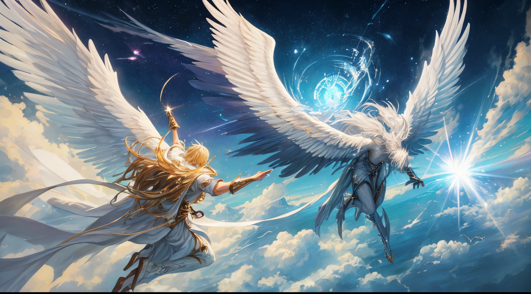 here is a painting of a man flying through the sky, concept art by Shitao, pixiv contest winner, fantasy art, angel protecting man, astral ethereal, angel protecting woman, ethereal angelic being of light, angel spirit guide, ascended, glowing angelic being, ethereal anime, godly and ethereal, anime epic artwork, astral travel, radiating rebirth energy