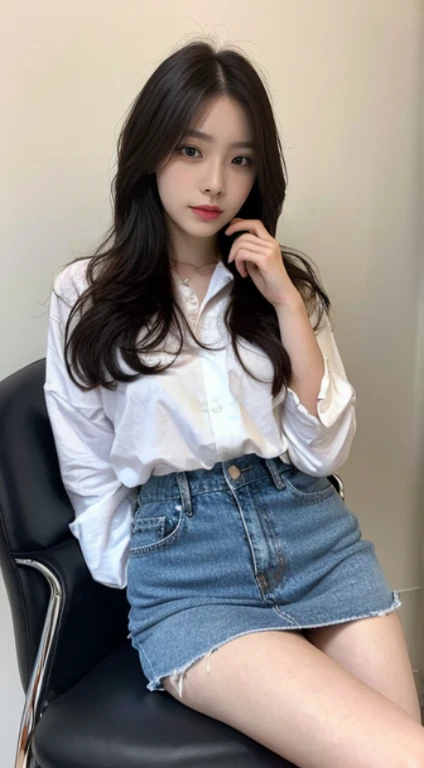 A woman with the same face as last time，４Ｋ、wearing a white shirt and a black chair, Very beautiful long slim legs, asian hyperdetailed,  Very beautiful slim legs