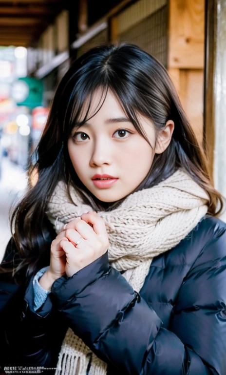 ulzzang -6500-v1.1, (Raw foto:1.2), (Photorealsitic:1.4), a beautiful detailed girl, extremely detailed eye and face, beatiful detailed eyes, Ridiculous, unbelievable Ridiculous, huge filesize, ultra-detailliert, hight resolution, ighly detailed, top-quality, masterpiece, Kemomimi, ((bury your face in your scarf)), (((Japan schoolgirl uniform))), ((black puffy down jacket)), illustratio, ighly detailed, nffsw, unification, 8k wallpaper, astonishing, finely detail, masterpiece, top-quality, Highly detailed ticker uniform 8K wallpaper, face lights、Cinematographic lighting、1girl in、sixteen years old、(No panties ULL BODYSHOT))