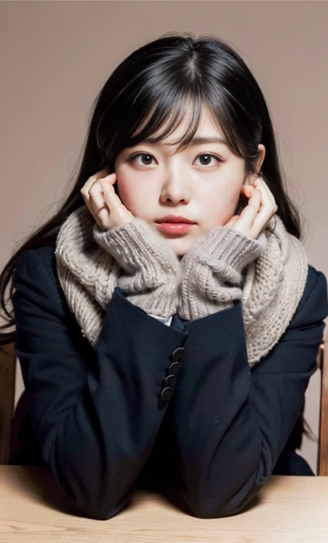 ulzzang -6500-v1.1, (Raw foto:1.2), (Photorealsitic:1.4), a beautiful detailed girl, extremely detailed eye and face, beatiful detailed eyes, Ridiculous, unbelievable Ridiculous, huge filesize, ultra-detailliert, hight resolution, ighly detailed, top-quality, masterpiece, Kemomimi, ((wearing a white scarf around his neck)), ((black puffy down jacket)), (((Japan schoolgirl uniform))), illustratio, ighly detailed, nffsw, unification, 8k wallpaper, astonishing, finely detail, masterpiece, top-quality, Highly detailed ticker uniform 8K wallpaper, face lights、Cinematographic lighting、((4-girls))、sixteen years old、(witheout panties)、((dynamicposes)))、(camel's toe)、(half)、(Crooked knees and legs sitting)),