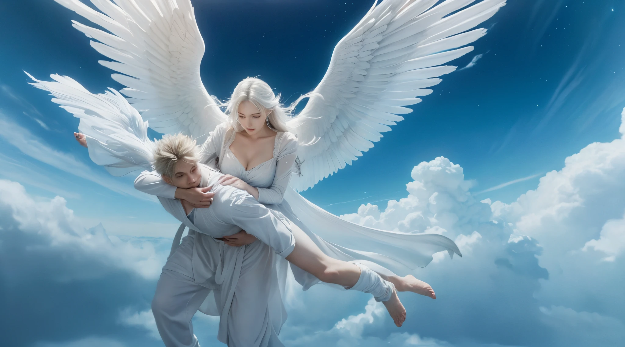 Very real image. An enlightened being, the guardian angel, whispers in a person's ear. Photorealism, full view, highly detailed image, very realistic, hyperrealism, Ultra HD, 8k, 5, sharp focus, intricate and mysterious masterpiece. (Long exposure photography Artistic illustration close-up portrait very detailed: final quality, medium shot, backlight, Rich and striking. Enigmatic and mysterious manipulations (composition of the rule of thirds), ((detailed environment with strong lines) The best quality, in camera, white light, warm and clean aesthetics, dazzling screen composed of millions of brilliant ultraviolet rays, HDR.