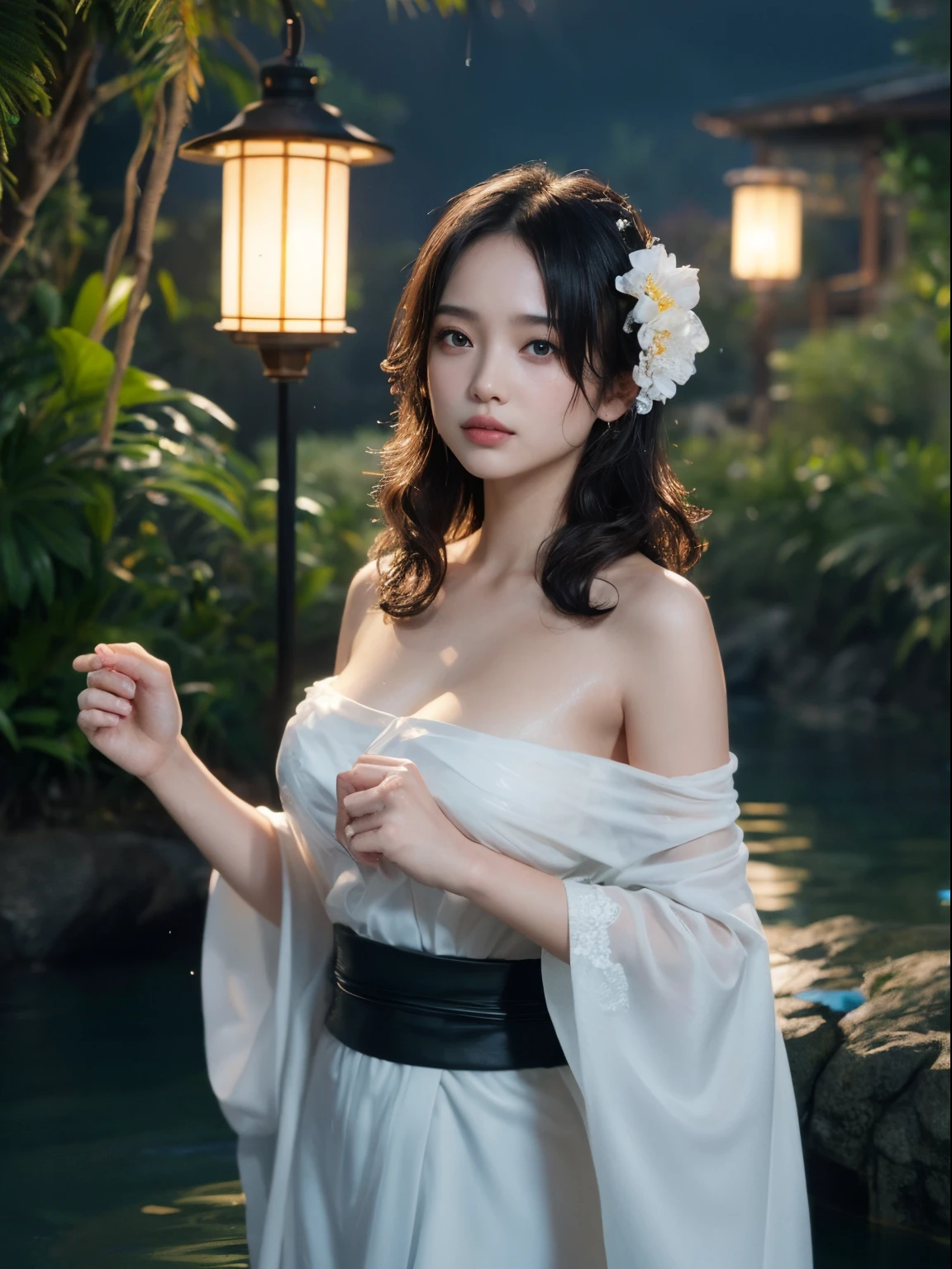 1 girl, Generally poor breasts, daytime, solo, large Generally poor breasts, long hair, Kimono, kimono, stas, Light up, hair flower, flower, Outdoors, sky porn, full body, black hair, Mountain, Cloud, holding, white Kimono, ナイトタイム sky porn, cherry blossoms, Obi, clothes where light shines, bangs, tree, from side, reflection, long hair, (((muste piece),(Highly detailed CG Unity 8K wallpaper),best quality,,solo,1 girl,cinematic lighting,detailed background,beautiful detailed eyes,bright pupils, (very delicate and beautiful),(Beautiful and detailed eye description), Super detailed,muste piece,)),Ayumi Hamasaki