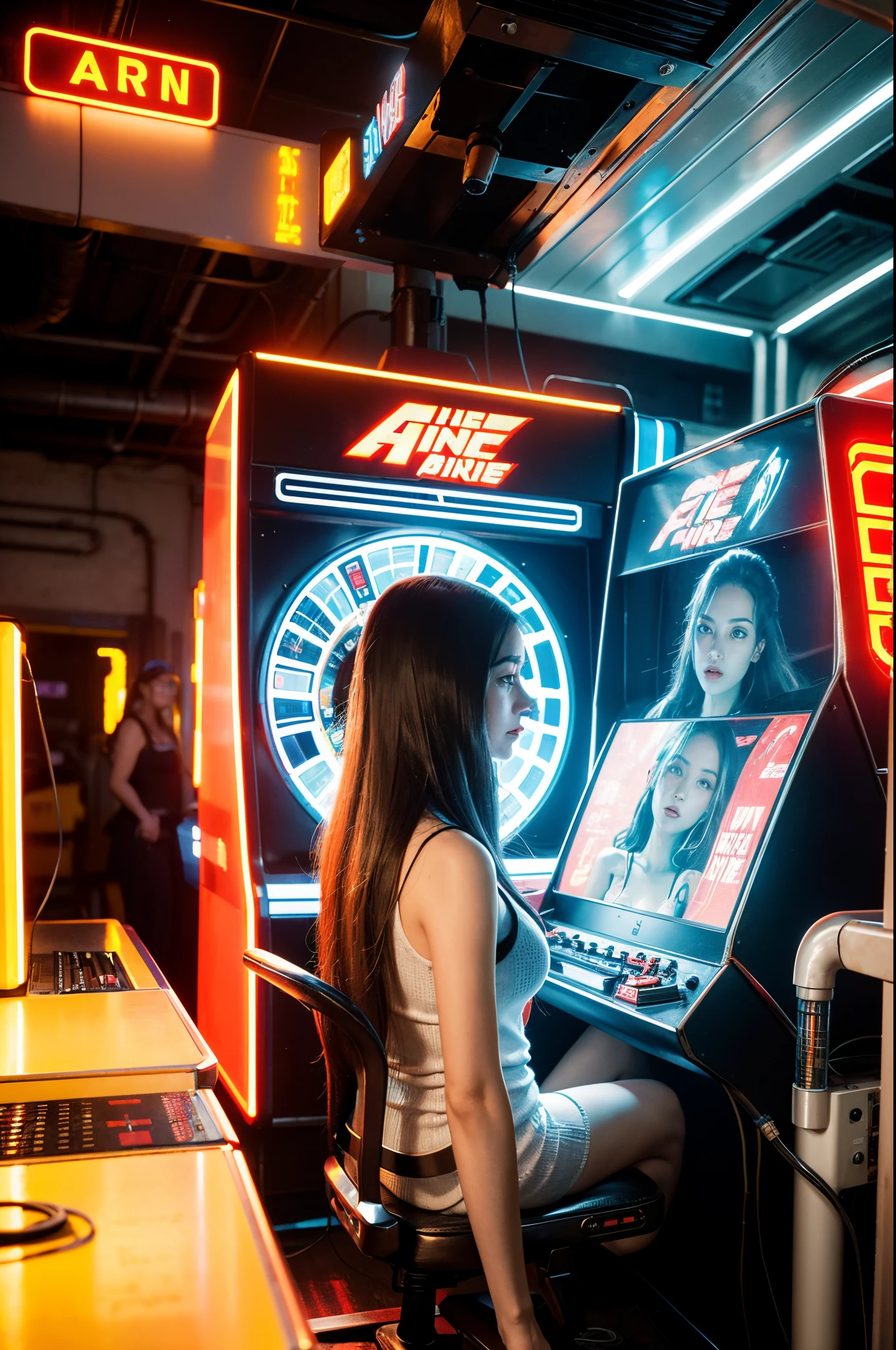 (masterpiece), best quality, arcade, girls playing arcade games, crowded