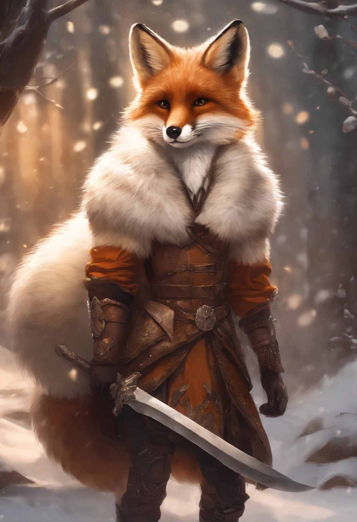 a woman in a brown coat and a white fur coat is standing with a knife in her hands, a beautiful fox lady, Armor dress, Inspired by Kitsune, portrait of an anthro fox, wearing intricate fur armor, an anthro fox, female fox, an anthropomorphic fox, fur armor, an anthropomorphic fox, Wearing fur armor, very very beautiful furry art