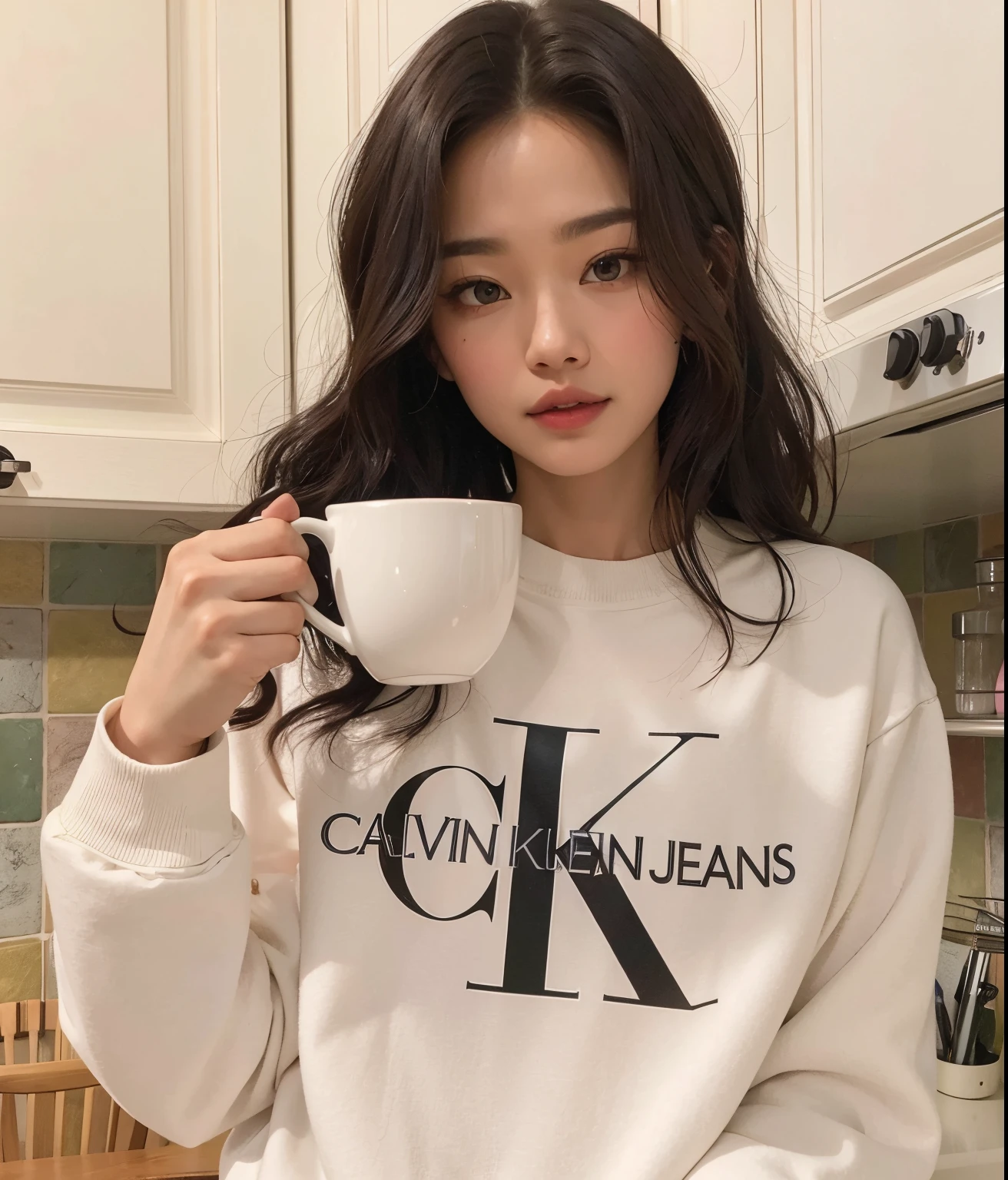 Arafed woman holding a cup of coffee in the kitchen., Blackpink Jennie, Calvin Klein, ulzzang, Jinyoung Shin, Taejune Kim, ropa casual, Heonhwa Choe, 2 0 2 0 moda, Kim Doyoung, Chica coreana, Krystal, Calvin Klein Photography, Jossi de Blackpink, ropa casual, Parque Roseanne de Blackpink, Jaeyeon Nam