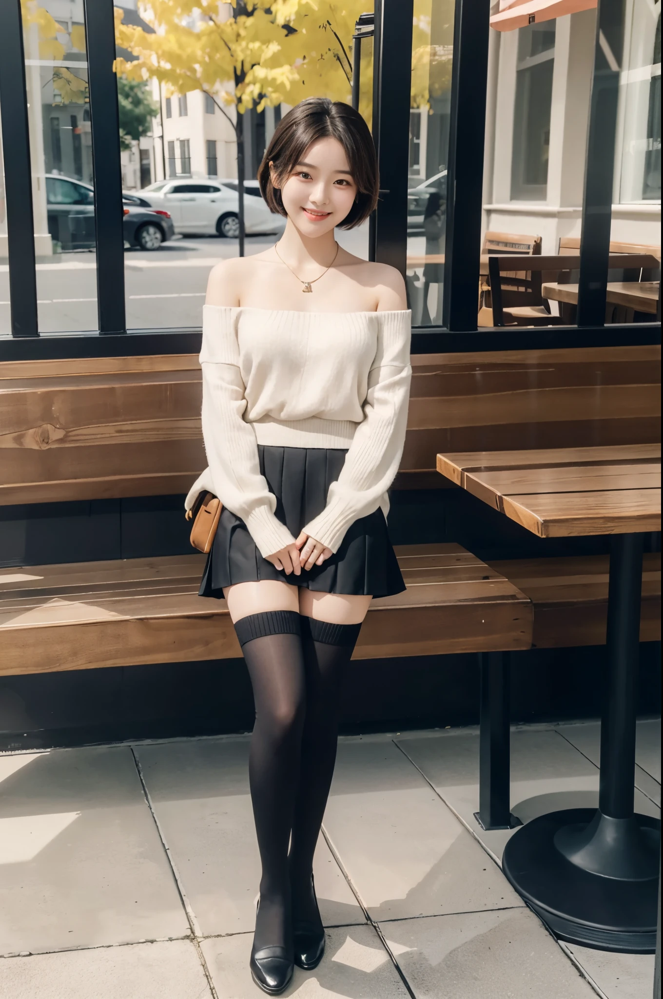 8k uhd, dslr,film grain, Fujifilm XT3,(best quality:1.3), (masterpiece:1.1), high resolution, cinematic light, intricate details, (photorealistic),outside,beautiful outside,sunny,
korean girl,(in cafe:1.5) , dimples, bobcut, looking at viewer, detailed trees, ribbons, bowties, bare shoulders, ribbed sweater,
pencil skirt, high-waist skirt, head rest, sitting, indoors,
necklace,black pantyhose, sheet transportation sweater, (smile),(full body:1.6),slender,