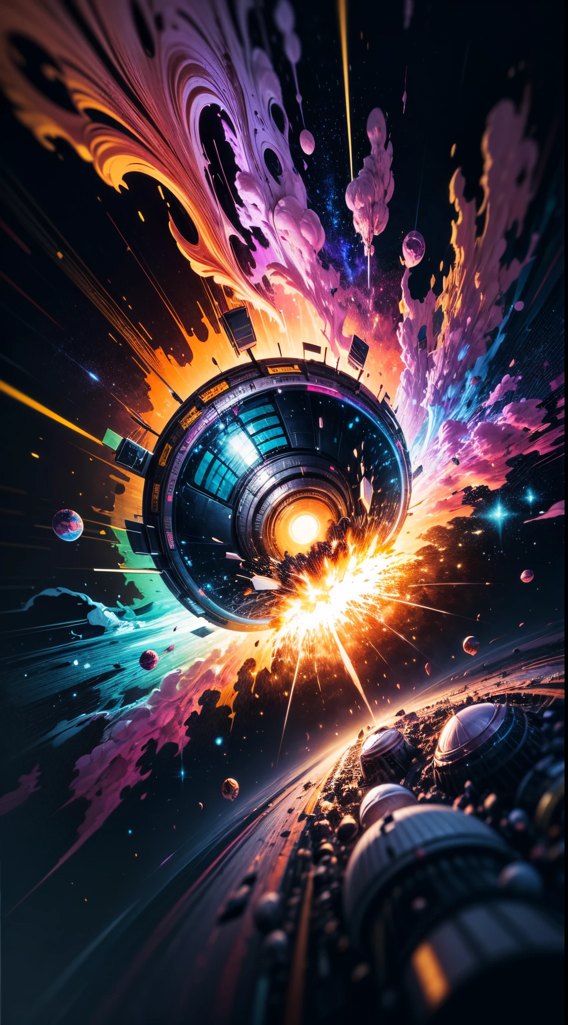 close up of a colorful painting of a space station, vibrant digital painting, an expressive digital painting, colorful digital painting, painting by android jones, colorful explosion, space colors, abstract, amoled wallpaper, colourful explosion, painted digital art, colourful digital art, beautiful art uhd 4 k, spectacular splatter explosion, digital art 4k, expressive digital painting