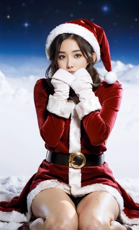 ulzzang -6500-v1.1, (Raw foto:1.2), (Photorealsitic:1.4), a beautiful detailed girl, extremely detailed eye and face, beatiful detailed eyes, Ridiculous, unbelievable Ridiculous, huge filesize, ultra-detailliert, hight resolution, ighly detailed, top-quality, masterpiece, Kemomimi, ((bury your face in your scarf)), (((miniskirt santa claus costume))), illustratio, ighly detailed, nffsw, unification, 8k wallpaper, astonishing, finely detail, masterpiece, top-quality, Highly detailed ticker uniform 8K wallpaper, face lights、Cinematographic lighting、1girl in、sixteen years old、(witheout panties)、((dynamicposes)))、(camel's toe)、(half)、(Crooked knees and legs sitting))