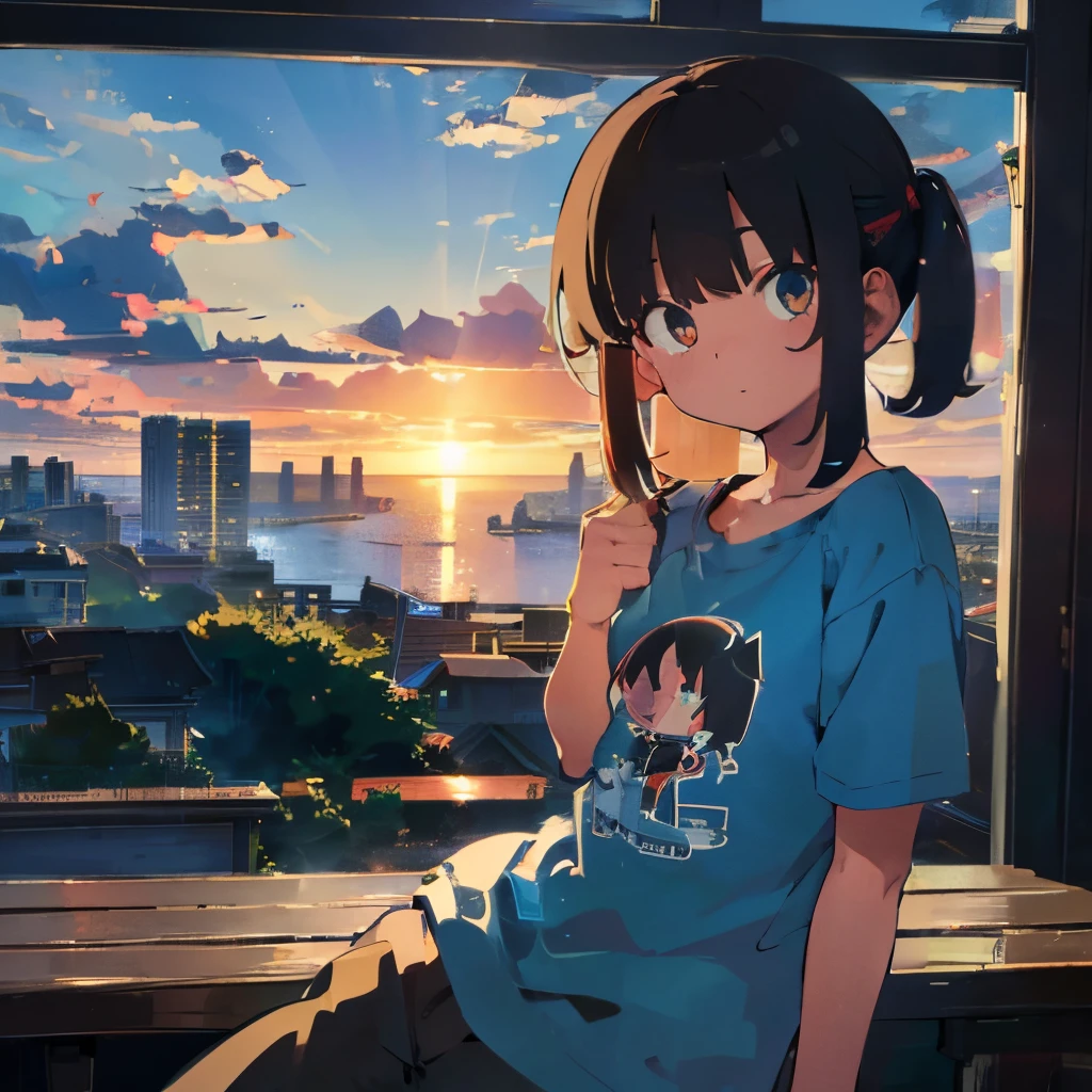 (8k, RAW Photo, Best Quality, Masterpiece:1.3),(Real,Photo:1.37),(Looking at Viewers:1.331),(Black Hair),Pose,Beachfront,Morning View,Sunrise,Clear Sky,1Girl,Very Beautiful Face,Small,Put Your Hands Down,Pony Hairstyle,Weight Hair,Fluffy Hair,Shoulder Length,Straight Hair,Random Expression,Smile at the Corner of Mouth,Big Eyes,(T-shirt,Round Collar,Short Sleeves,Opaque Color,Shirt Color),(Wearing Pants),mix4,No Hair Accessories,Best Quality Hair