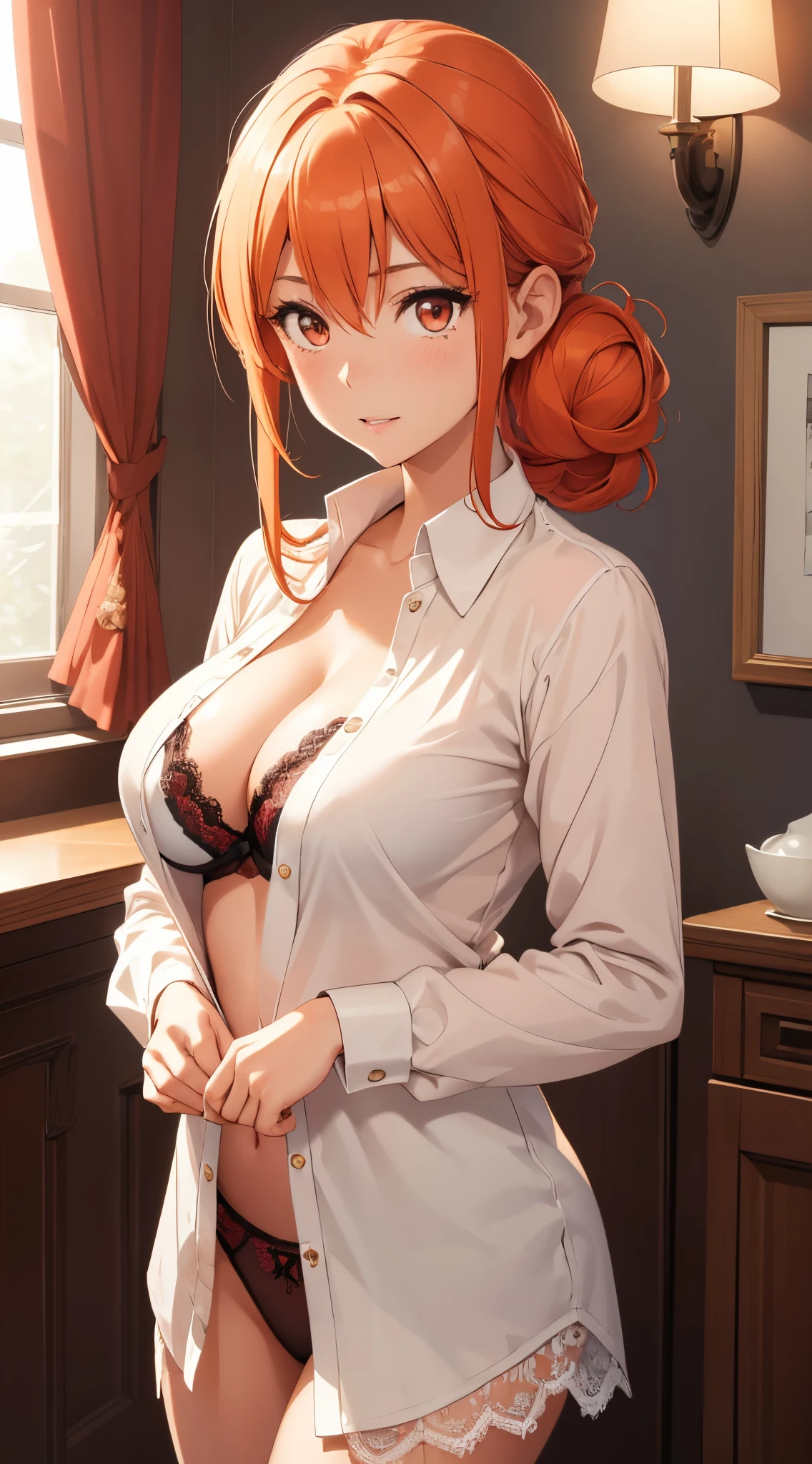 1girl, solo, masterpiece, best quality, high res, highly detailed, (illustration), beatiful detailed eyes, mrs yuigahama, large breasts, orange hair, (hair bun:0.8), glossy lips, light makeup, standing, (open shirt), lace bra, lace panties