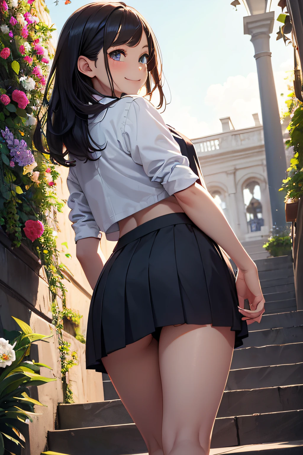very cute and beautiful school girl,(very detailed beautiful face and eyes:1.2),
Smile,Black hair,(Mini skirt),(From below:1.2),Looking back,from behind,Leaning forward,Beautiful legs,White panties,
Flower Garden,stone stairs,
(Best Quality,masutepiece:1.2),Intricate details,hight resolution,Extremely detailed,Solo,Cinematic lighting,Dynamic Angle,(Realistic),