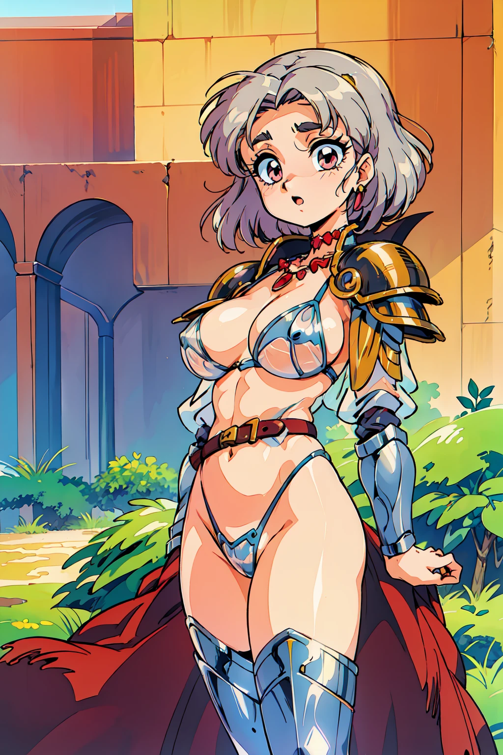 "(masterpiece:1.1), best quality,
1girl, (80s anime style:1.3), (eyelashes:1.5), (:1.2),
(intricate high detailed body:1.2),
(silver hair:1.1), (forehead, hair slicked back:1.2), (short hair, wavy hair:1.1),
red eyes, (thick eyebrows:1.1),
(curvy body:1.1), (gigantic breasts:1.5),
(naughty face:1.2), open mouth,
(see-through cloth bikini armor:1.2),
(spiked knight armor, armored boots, capelet:1.2), (belts:1.1), (earrings:1.1), necklace,
standing,
(upper body, cowboy shot, looking at viewer, from front:1.1),
daytime, outdoors"