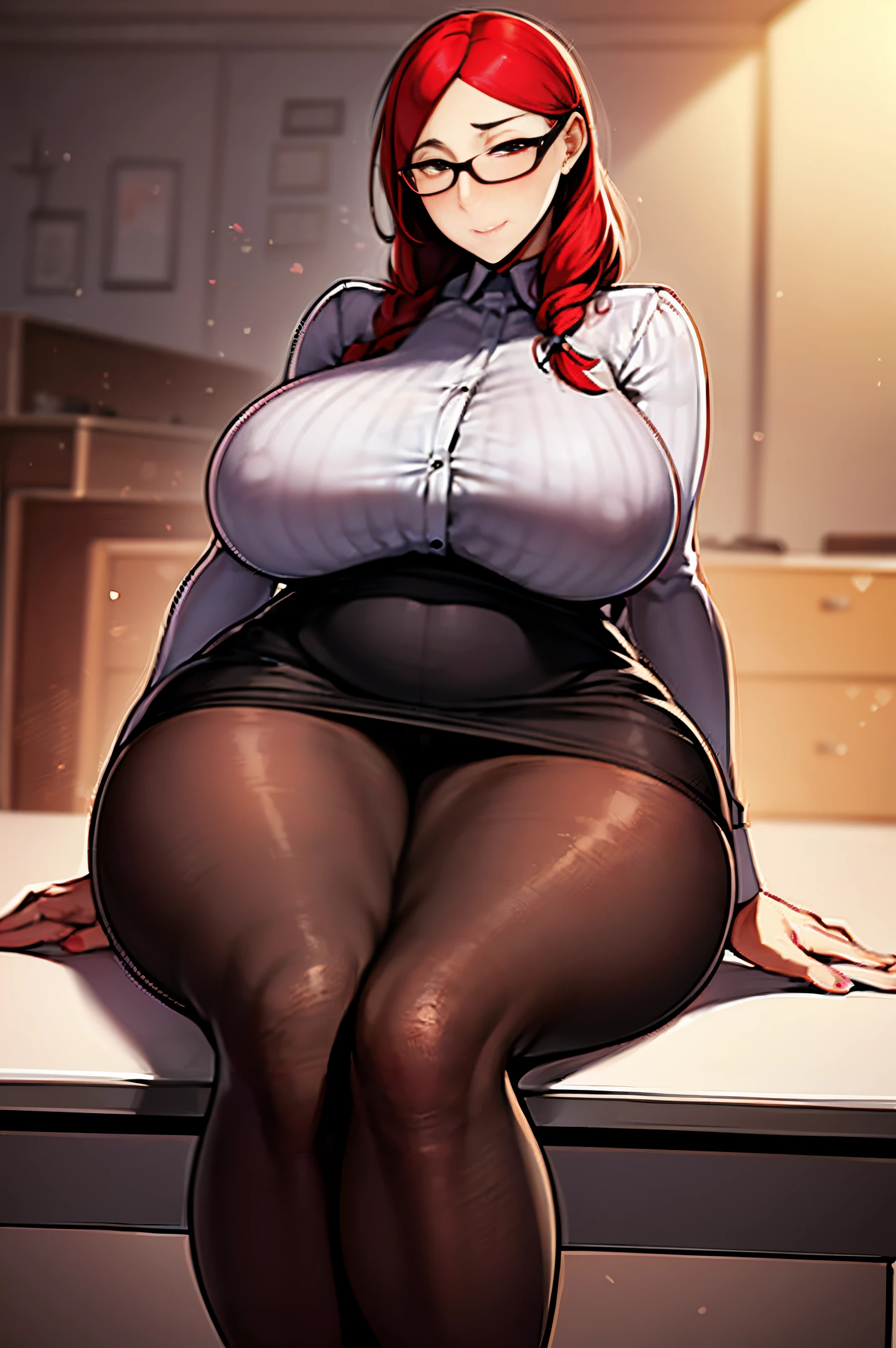 1girl, mature woman, milf, teacher, huge breasts, wide hips, thick thighs, big thighs, tied up red hair, glasses, tight white shirt, open shirt, tight black pencil skirt, pantyhose, sitting on desk, crossed legs, 8k, masterpiece