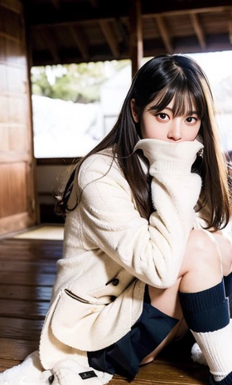 ulzzang -6500-v1.1, (Raw foto:1.2), (Photorealsitic:1.4), a beautiful detailed girl, extremely detailed eye and face, beatiful detailed eyes, Ridiculous, unbelievable Ridiculous, huge filesize, ultra-detailliert, hight resolution, ighly detailed, top-quality, masterpiece, Kemomimi, ((Bury your face in a white scarf)), (((Japan schoolgirl uniform))), illustratio, ighly detailed, nffsw, unification, 8k wallpaper, astonishing, finely detail, masterpiece, top-quality, Highly detailed ticker uniform 8K wallpaper, face lights、Cinematographic lighting、1girl in、sixteen years old、(witheout panties)、((dynamicposes)))、(camel's toe)、(half)、(Crooked knees and legs sitting))