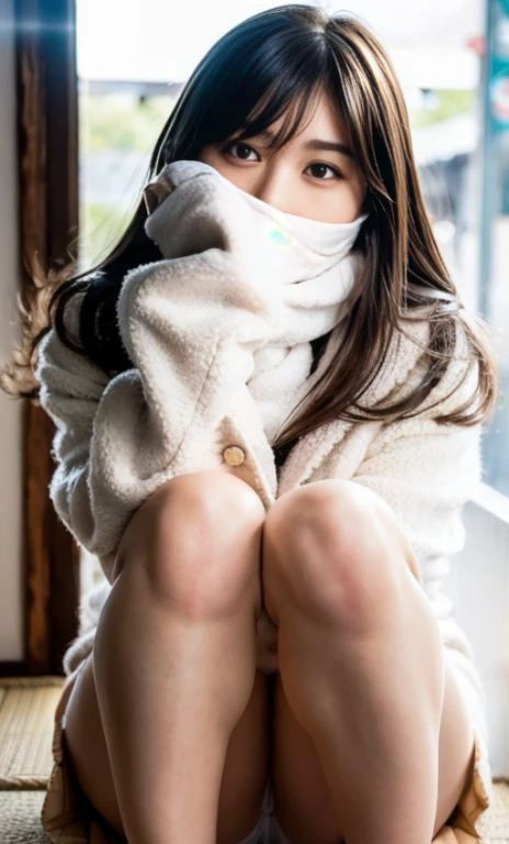 ulzzang -6500-v1.1, (Raw foto:1.2), (Photorealsitic:1.4), a beautiful detailed girl, extremely detailed eye and face, beatiful detailed eyes, Ridiculous, unbelievable Ridiculous, huge filesize, ultra-detailliert, hight resolution, ighly detailed, top-quality, masterpiece, Kemomimi, ((Bury your face in a white scarf)), (((Japan schoolgirl uniform))), illustratio, ighly detailed, nffsw, unification, 8k wallpaper, astonishing, finely detail, masterpiece, top-quality, Highly detailed ticker uniform 8K wallpaper, face lights、Cinematographic lighting、1girl in、sixteen years old、(witheout panties)、((dynamicposes)))、(camel's toe)、(half)、(Crooked knees and legs sitting))
