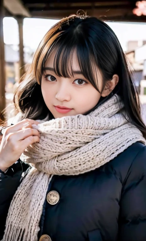 ulzzang -6500-v1.1, (Raw foto:1.2), (Photorealsitic:1.4), a beautiful detailed girl, extremely detailed eye and face, beatiful detailed eyes, Ridiculous, unbelievable Ridiculous, huge filesize, ultra-detailliert, hight resolution, ighly detailed, top-quality, ​masterpiece, Kemomimi, ((bury your face in your scarf)), (((Japan schoolgirl uniform))), ((black puffy down jacket)), illustratio, ighly detailed, nffsw, unification, 8k wallpaper, astonishing, finely detail, ​masterpiece, top-quality, Highly detailed ticker uniform 8K wallpaper, face lights、Cinematographic lighting、1girl in、、((Fulll body Shot))