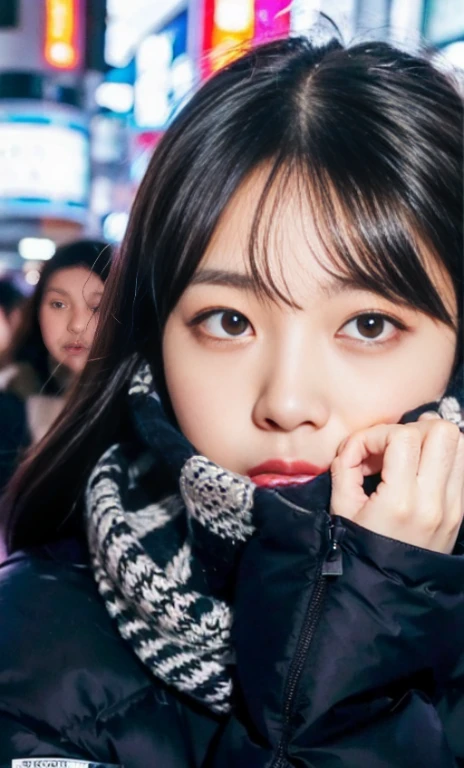ulzzang -6500-v1.1, (Raw foto:1.2), (Photorealsitic:1.4), a beautiful detailed girl, extremely detailed eye and face, beatiful detailed eyes, Ridiculous, unbelievable Ridiculous, huge filesize, ultra-detailliert, hight resolution, ighly detailed, top-quality, masterpiece, Kemomimi, ((bury your face in your scarf)), (((Japan schoolgirl uniform))), ((black puffy down jacket)), illustratio, ighly detailed, nffsw, unification, 8k wallpaper, astonishing, finely detail, masterpiece, top-quality, Highly detailed ticker uniform 8K wallpaper, face lights、Cinematographic lighting、1girl in、sixteen years old、((Fulll body Shot))