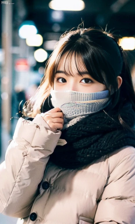 ulzzang -6500-v1.1, (Raw foto:1.2), (Photorealsitic:1.4), a beautiful detailed girl, extremely detailed eye and face, beatiful detailed eyes, Ridiculous, unbelievable Ridiculous, huge filesize, ultra-detailliert, hight resolution, ighly detailed, top-quality, masterpiece, Kemomimi, ((bury your face in your scarf)), (((Japan schoolgirl uniform))), ((black puffy down jacket)), illustratio, ighly detailed, nffsw, unification, 8k wallpaper, astonishing, finely detail, masterpiece, top-quality, Highly detailed ticker uniform 8K wallpaper, face lights、Cinematographic lighting、1girl in、、((Fulll body Shot))