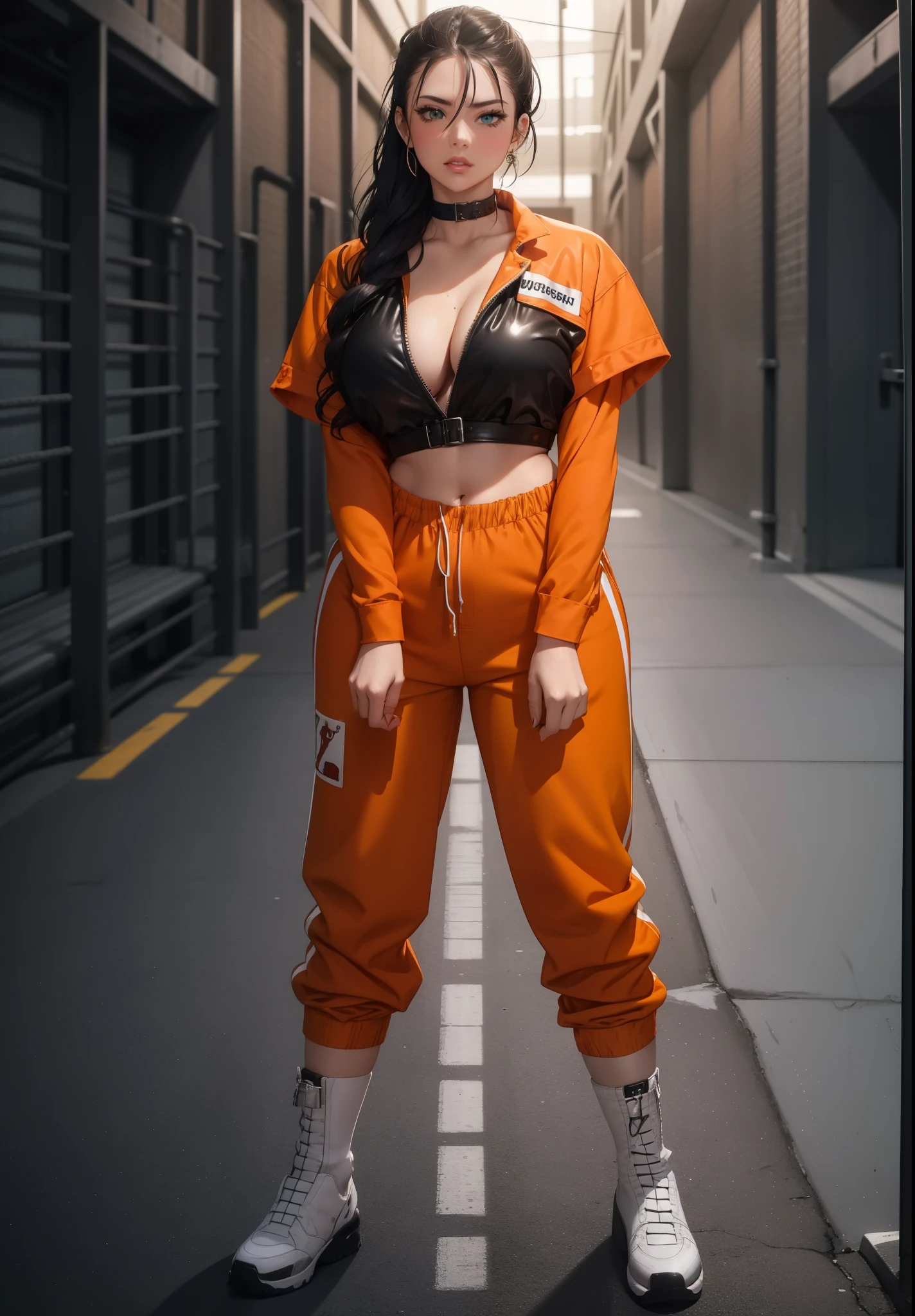 (masterpiece, best quality, ultra-detailed, ultra-HD, photorealistic, cinematic), (alluring female prisoner), (wide shot, full body view), (raven-black waves hair, artfully pulled back into a restrained yet defiant bun), creamy complexion, delicate features, perfect body, perfect face, perfect hands, delicate face, (large cleavage), round ass, long round legs, a close up of a woman in an orange prison outfit, wearing orange prison jumpsuit, prison jumpsuit, wearing prison jumpsuit, dressed in orange inmate attire, with prison clothing, orange jumpsuit, wearing an orange jumpsuit, high quality costume, full body close-up shot, outfit: cop, neon orange, bright trouser suit for a rave, female outfit, piercing emerald-green eyes, detailed pupils, blushing, slightly parted lips, nude lips, (sexy pose), (background: prisoner cell)