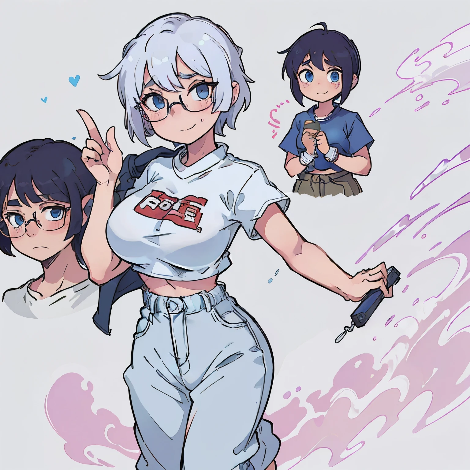Short girl , Short white hair , big boobs , Gojo's shirt but In a cropped version, Gojo's pants but In a skirt version, Gojo's glasses ,Blue eyes, sukna in the background waving, an Geto smirking in the background