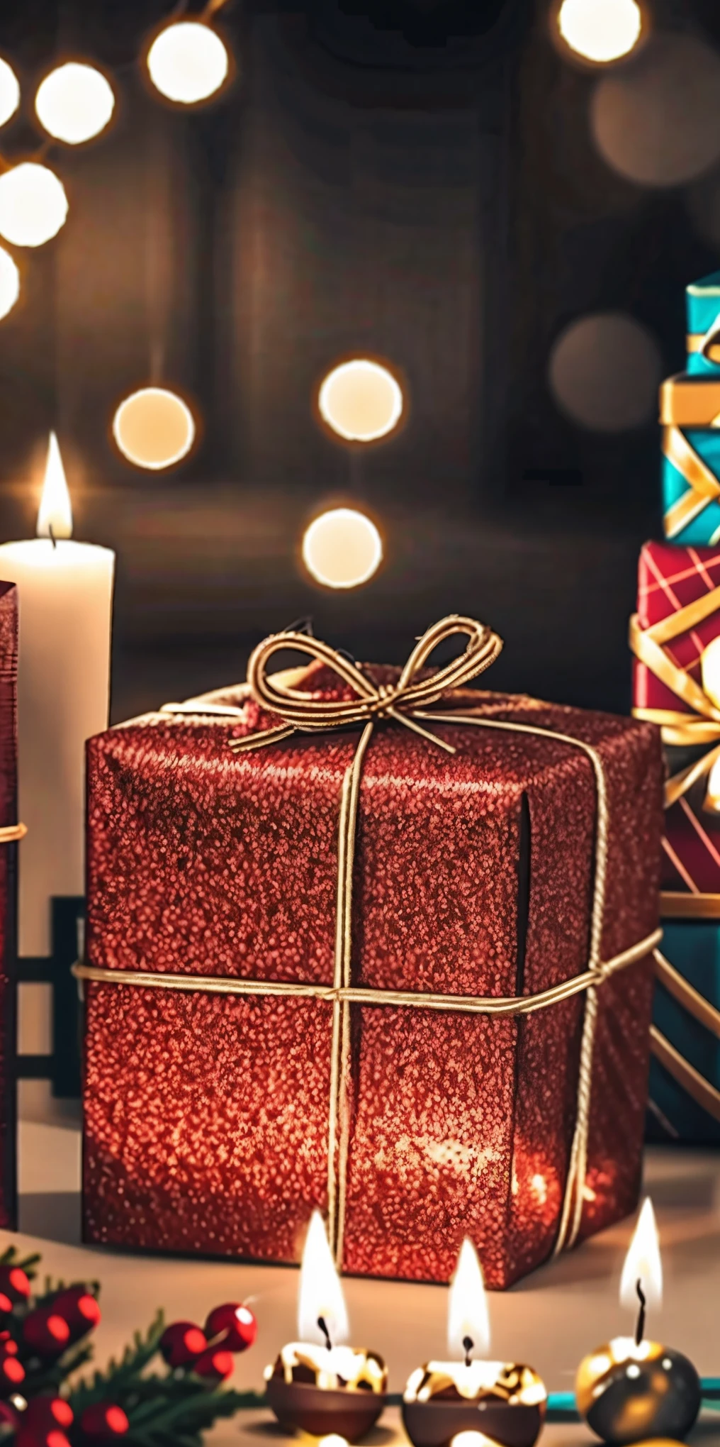 (best quality,4k,8k,highres,masterpiece:1.2),ultra-detailed,realistic,gifts,table,Christmas tree,decorations,wrapping ,bows,ribbon,presents,holiday spirit,vibrant colors,warm lighting,cozy atmosphere,toys,cards,candles,snowflakes,joyful,celebration,exquisite details,exciting surprises,shiny ornaments,sparkling tinsel,beautifully wrapped,excited children,anticipation,festive mood,magical ambiance,delightful moment,wonderful memories,family gathering,cheerful faces,Christmas magic,extravagant,abundance of presents,HDR,UHD,studio lighting,ultra-fine painting,sharp focus,physically-based rendering,professional,vivid colors,bokeh.