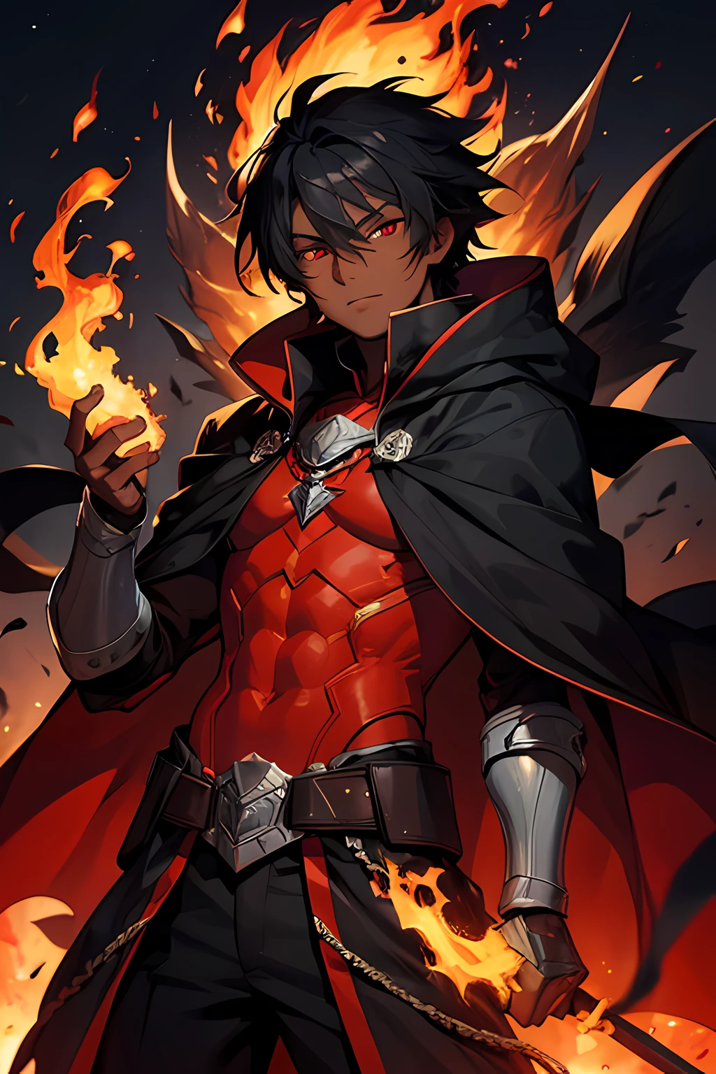 25 year old dark skinned male in a dark cloak with red eyes, holding black flames