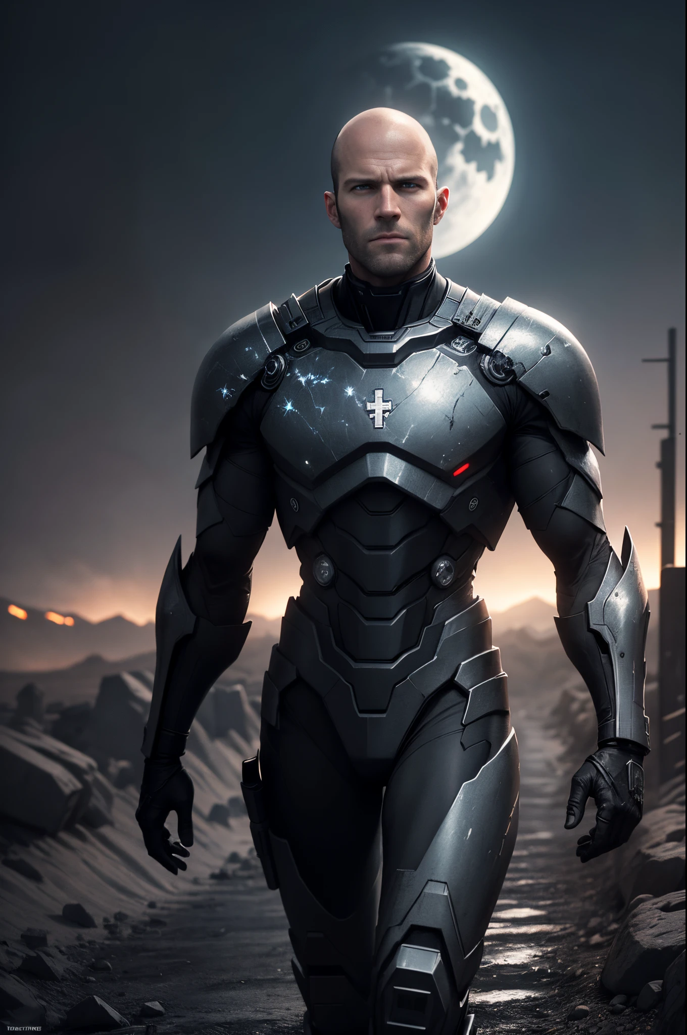 Jason Statham plays the gray and black mecha action hero，Across the dark and dusty plain Where scars of old dry rivers run Night unfolds a coal black shroud Across the hard and stony ground Distant stars shining bright In the cavern of the night All is still and silence screams To the thunder of the Lorca train Towns asleep by empty roads Churches rise from crooked roofs Cloaked in darkness nothing stirs Grow smaller darker disappear See the moon so still and cold A million stars that shed no warmth Your nightmares all come out to play In the silver light, perfect composition, digital painting, ambient occlusion, 3d liquid detailing, subsurface scattering, octane render, VRay, 16k, Unreal Engine 5, masterpiece, high quality