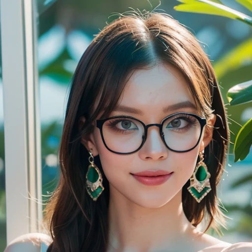 ( Masterpiece, best quality , close up shot , 300mm lens, fisheye:1.2 ), (( beautiful, luxurious, greenhouse dome:1.5, glass panels, plants of colours, vibrant , extreme high detailed, intricate details )). ( 1woman_/(kimtaeyeon/), full body, flat nose:0.4, long face, ( sleek eyes ), ( strong cheek bones:0.4 ), broad jaw:1.1, [plump cheeks], transparent glasses, earrings , dark hair with green highlights, bewitching eyes, bewitching smile, crosseyed , temptress, wearing beach summer ootd ), ( cinematic lighting, backlit, soft light)