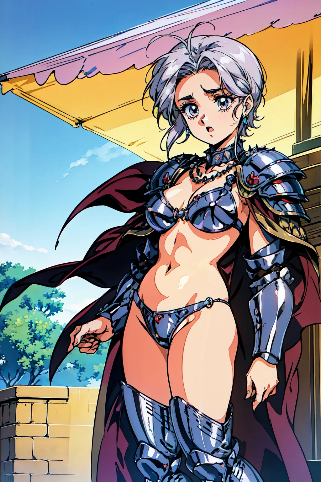 "(masterpiece:1.1), best quality,
1girl, (80s anime style:1.3), (eyelashes:1.5), (:1.2),
(intricate high detailed body:1.2),
(silver hair:1.1), (forehead, hair slicked back:1.2), (short hair, wavy hair:1.1),
red eyes, (thick eyebrows:1.1),
(curvy body:1.1), (gigantic breasts:1.1),
(naughty face:1.2), open mouth,
(bikini armor:1.2),
(spiked knight armor, armored boots, capelet:1.2), (belts:1.1), (earrings:1.1), necklace,
standing,
(upper body, cowboy shot, looking at viewer, from front:1.1),
daytime, outdoors"