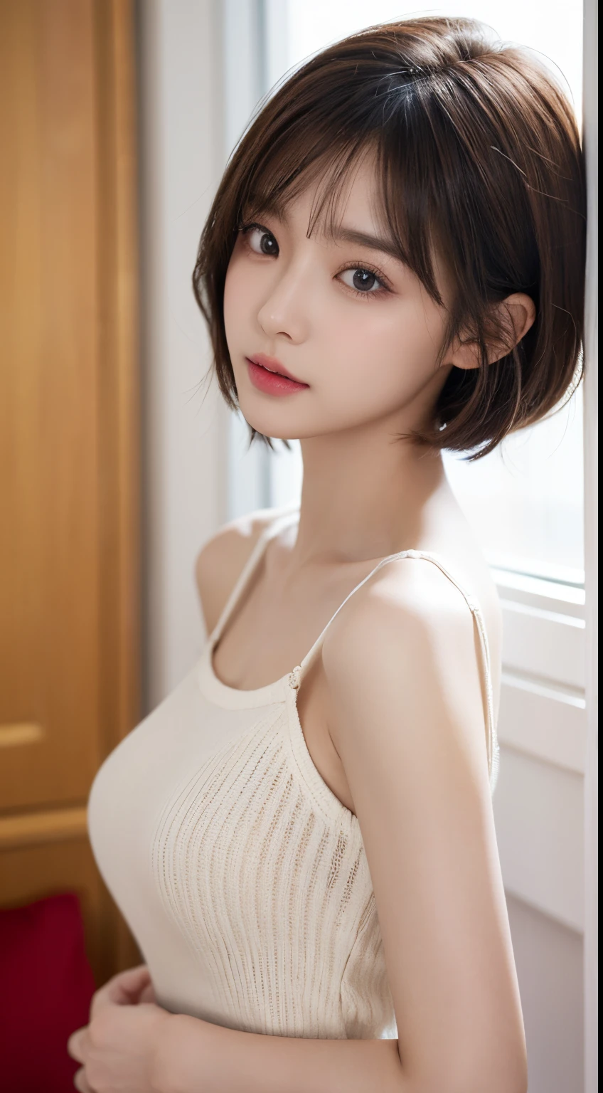 tmasterpiece, 1 beutiful girl, Detailed eyes, pretty eyes, quality, 超A high resolution, (Realistis: 1.4), RAW photogr, 1 pretty girl, cinmatic lighting,a asian beauty, Korea, is very beautiful, Beautiful skins, slim, body facing the front, (Ultra photo realsisim), (A high resolution), (8 K), (The is very detailed), (Most Best Illustration), (美丽细致的眼睛), (超詳細), 详细的脸, looking at viewert,ssmile, Staring straight ahead, Neat clothes, 无袖,short detailed hair,brunette color hair,46 points oblique bangs,white backgrounid,tidy room,