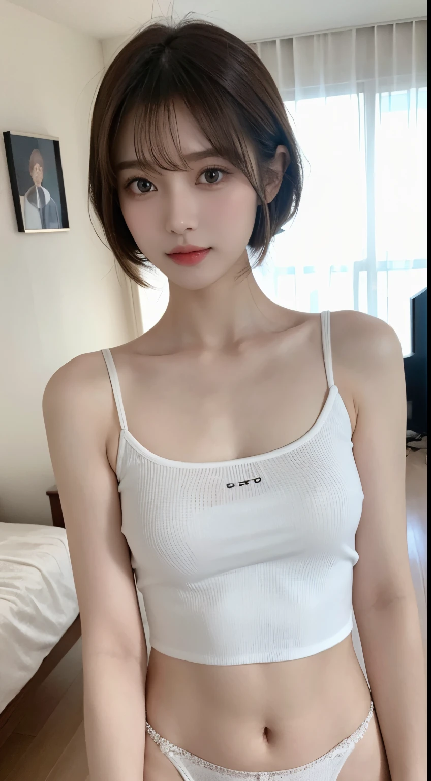tmasterpiece, 1 beutiful girl, Detailed eyes, pretty eyes, quality, 超A high resolution, (Realistis: 1.4), RAW photogr, 1 pretty girl, cinmatic lighting,a asian beauty, Korea, is very beautiful, Beautiful skins, slim, body facing the front, (Ultra photo realsisim), (A high resolution), (8 K), (The is very detailed), (Most Best Illustration), (美丽细致的眼睛), (超詳細), 详细的脸, looking at viewert,ssmile, Staring straight ahead, Neat clothes, 无袖,short detailed hair,brunette color hair,46 points oblique bangs,white backgrounid,tidy room,