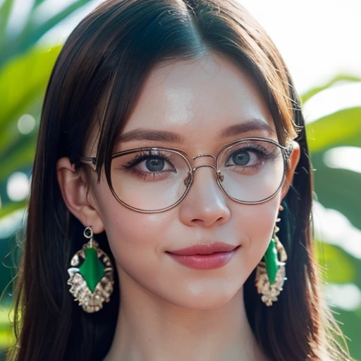 ( Masterpiece, best quality , close up shot , 300mm lens, fisheye:1.2 ), (( beautiful, luxurious, greenhouse dome:1.5, glass panels, plants of colours, vibrant , extreme high detailed, intricate details )). ( 1woman_/(kimtaeyeon/), full body, flat nose:0.4, long face:1.1, ( sleek eyes:1.2 ), ( strong cheek bones:0.4 ), broad jaw:1.1, [plump cheeks], transparent glasses, earrings , dark hair with green highlights, bewitching eyes, bewitching smile, crosseyed , temptress, wearing beach summer ootd ), ( cinematic lighting, backlit, soft light)