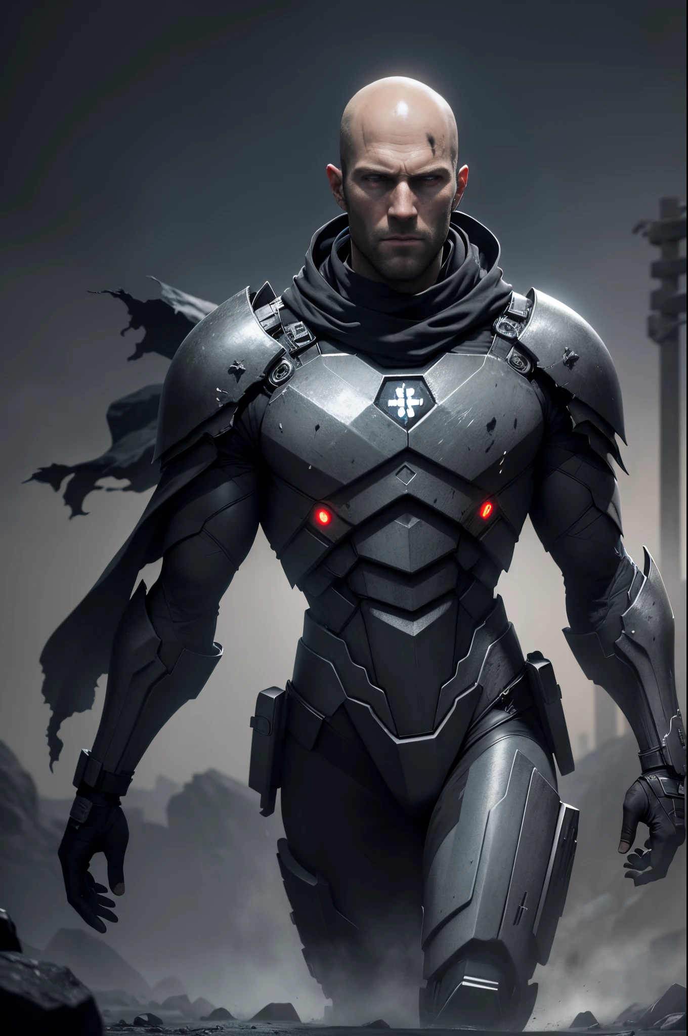Jason Statham plays the gray and black mecha action hero,Across the dark and dusty plain Where scars of old dry rivers run Night unfolds a coal black shroud Across the hard and stony ground Distant stars shining bright In the cavern of the night All is still and silence screams To the thunder of the Lorca train Towns asleep by empty roads Churches rise from crooked roofs Cloaked in darkness nothing stirs Grow smaller darker disappear See the moon so still and cold A million stars that shed no warmth Your nightmares all come out to play In the silver light, perfect composition, digital painting, ambient occlusion, 3d liquid detailing, subsurface scattering, octane render, VRay, 16k, Unreal Engine 5, masterpiece, high quality