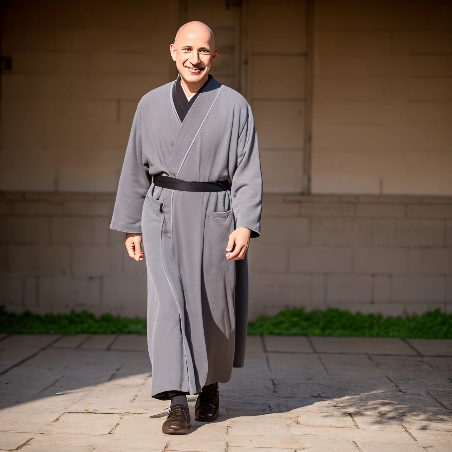 He is a bald little monk with a round head, big eyes, bright as stars, a slightly upturned nose, rosy lips, and a smile on his face. He wears a gray monk robe and black cloth shoes, walking lightly and steadily. He clasped his hands together
