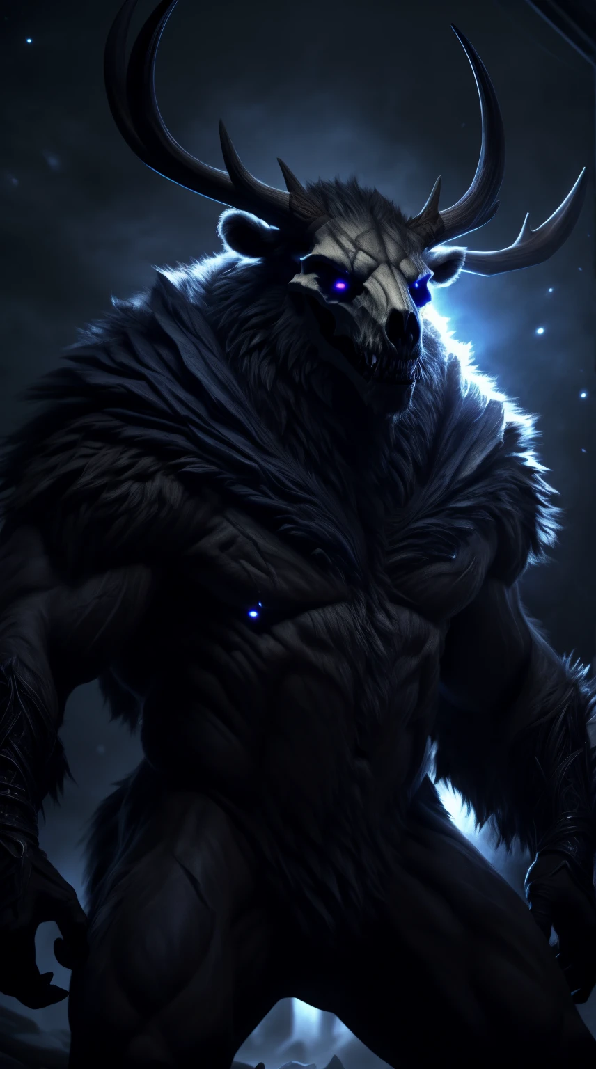 buff monster, muscular, abs, scales on body, majestic fur mantle, wendigo skull, elk horns, muscular, giant, bear body, threatening, stands menacingly, wide body, muscular body, illustration, (best quality, 4k, highres, masterpiece:1.2), ultra-detailed, realistic, horror, sharp focus, vivid colors, nighttime lighting,