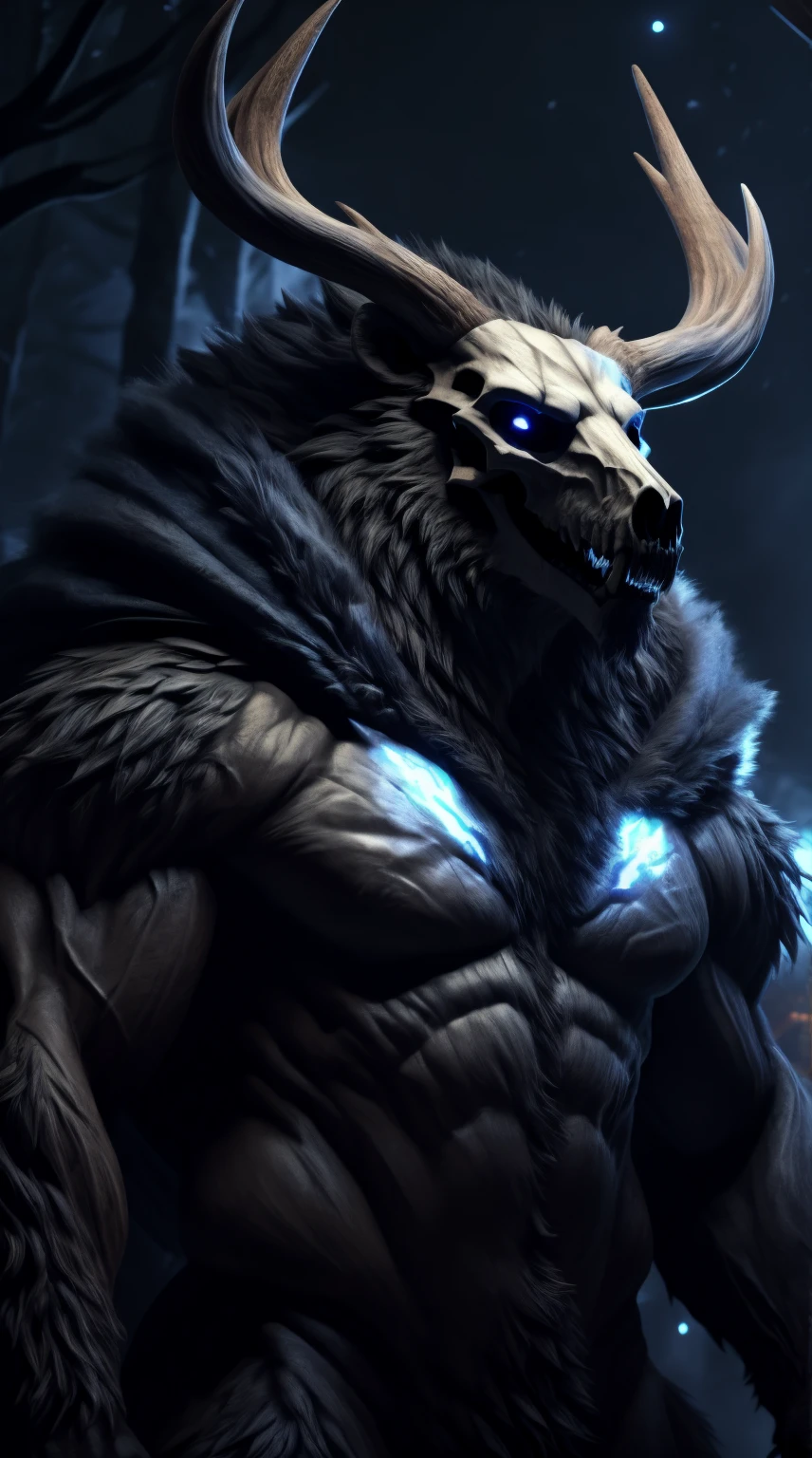 monster, fur on body, scales on belly, majestic fur mantle, wendigo skull, elk horns, giant, bear body, threatening, stands menacingly, wide body, illustration, (best quality, 4k, highres, masterpiece:1.2), ultra-detailed, realistic, horror, sharp focus, vivid colors, nighttime lighting,