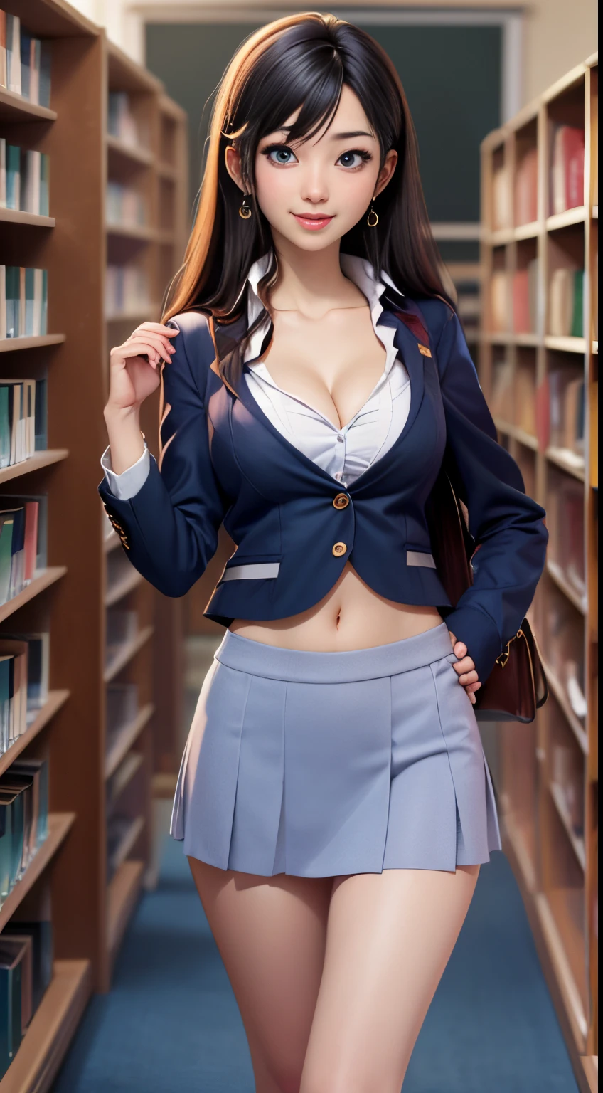 (best quality), (detailed), (1 girl), teacher, medium breasts, library, looking at viewer, beautiful green eyes, detailed, school uniform outfit, skimpy, leaning, showing deep cleavage, embarrassed, bare tummy, showing panty, thick thighs