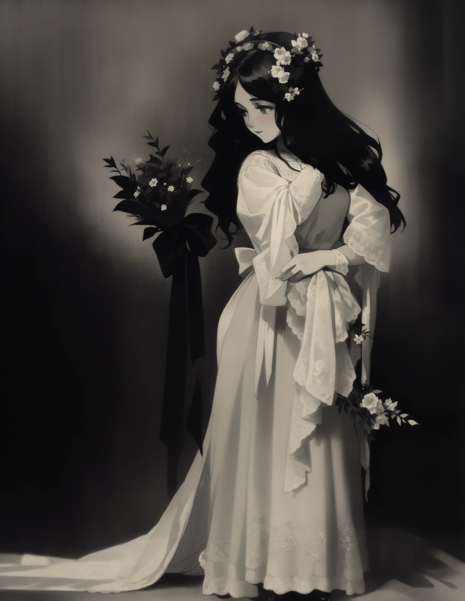 a woman in a dress and flower crown holding a bouquet, 1910s film still, inspired by Nell Dorr, 1900s picture, 1 9 0 0 s picture, black-white retro photo 1910, young woman with long dark hair, 1 9 1 0 s photography, a beautiful victorian woman, 1910 photography