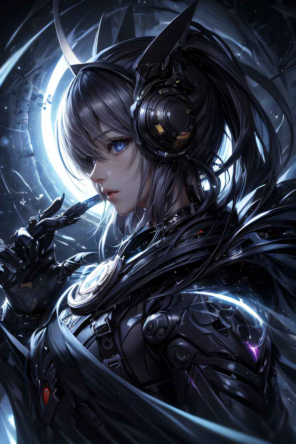 ticker mechanism, Beautiful eyes, Upper body, (Mechanic Armor), Portrait、abyss、Shooting with a wide-angle lens,Lightning from Kaleidoscope Hand、flying though the air、flawless、Neon light, 8K, raw, Best Quality, masutepiece, 超A high resolution, Colorful, (medium wide shot), (Dynamic perspective), foco nítido , (depth of field f16), extremely detailed eye and face,ninjartist, Trimmed gear:1.2), ((masutepiece, Best Quality)), Detailed background, Inside the spacecraft、Hold your weapon、Double exposure of a person and a spiral、(Gray hair)、brue eyes、poneyTail、dirty、bio luminescent、lots of crescent moons、Photographed with Canon R5、Dark Fantasy,masterpiece,connected to the plug、spectrum、Space City、Highly detailed beautiful porcelain profile female android face、Complex 3D rendering of a headset、cyborgs、roboticparts、150mm、Beautiful studio soft lights、Rim Light、Vivid details、luxuriouscyberpunk、Ren Hao、surrealistic、Anatomical、face muscles、beatiful backgrounds、octan render、8K、top-quality、masterpiece、illustratio、extremely delicate and beautiful、ighly detailed、nffsw ,Unity ,wall-,magnifica, Attention to detail, masterpiece,top-quality,Official art,Highly detailed ticker Unity 8K wallpapers、机器人、Silver Halmet、((full body Esbian))