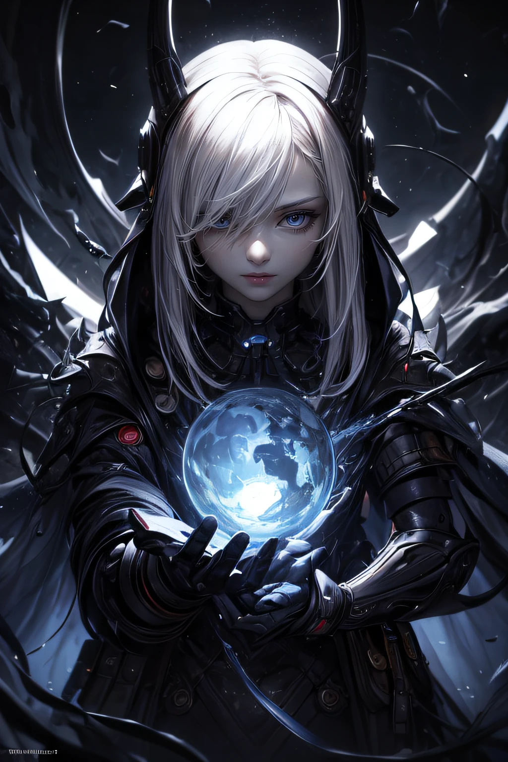ticker mechanism, Beautiful eyes, Upper body, （Mechanic Armor）, Portrait、abyss、Shooting with a wide-angle lens,Lightning from Kaleidoscope Hand、flying though the air、flawless、Neon light, 8K, raw, Best Quality, masutepiece, 超A high resolution, Colorful, (medium wide shot), (Dynamic perspective), foco nítido , (depth of field f16), extremely detailed eye and face,ninjartist, Trimmed gear:1.2), ((masutepiece, Best Quality)), Detailed background, Inside the spacecraft、Hold your weapon、Double exposure of a person and a spiral、（Gray hair）、brue eyes、poneyTail、dirty、bio luminescent、lots of crescent moons、Photographed with Canon R5、Dark Fantasy,​masterpiece,connected to the plug、spectrum、Space City、Highly detailed beautiful porcelain profile female android face、Complex 3D rendering of a headset、cyborgs、roboticparts、150mm、Beautiful studio soft lights、Rim Light、Vivid details、luxuriouscyberpunk、Ren Hao、surrealistic、Anatomical、face muscles、beatiful backgrounds、octan render、8K、top-quality、​masterpiece、illustratio、extremely delicate and beautiful、ighly detailed、nffsw ,Unity ,wall-,magnifica, Attention to detail, ​masterpiece,top-quality,Official art,Highly detailed ticker Unity 8K wallpapers、机器人、Silver Halmet、((full body Esbian))