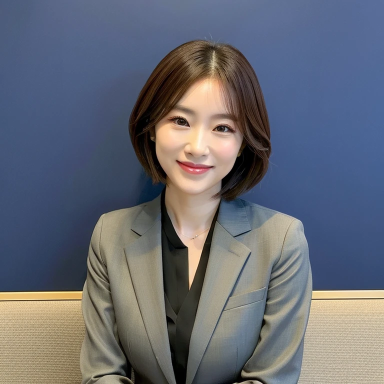 Japan woman in her early 30s。With bob hair、Brown Hair Medium Hair。Slender eyes。a smile。Clean face line。Gives a classy impression。wears a suit。The background is a conference room