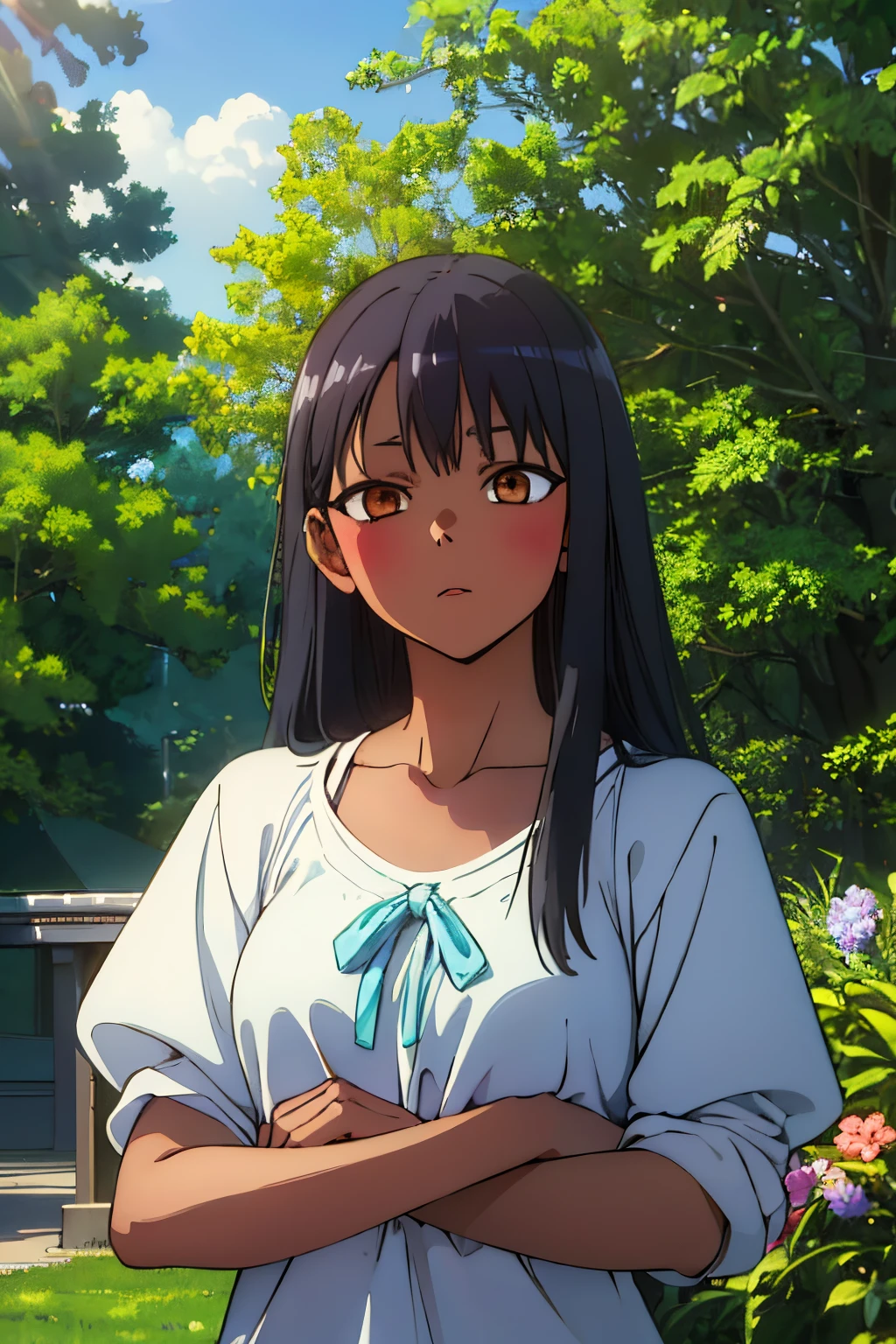 (best quality,4k,8k,highres,masterpiece:1.2),ultra-detailed,(realistic,photorealistic,photo-realistic:1.37),2girls,Karin Nagatoro,full dress,blindfolded,beautiful detailed eyes,beautiful detailed lips,longeyelashes,flower garden,soft sunlight,overgrown with colorful flowers,subtle breeze,rustling leaves,pollen-filled air,hazy atmosphere,hint of mystery,dreamy ethereal setting,delicate feminine poses,vibrant colors,impressionistic style.