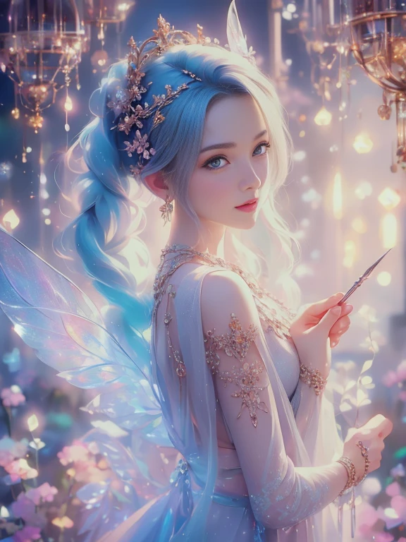 Fairy girl with beautiful transparent flower upper body, 1 only,Alone,Transparent and colorful wings, The wand flutters in the wind、The wand flashed in the starlight,Golden wand,Beautiful blue sky and white clouds、Girls have transparent wings、kindly smile、beautiful garden background、Gentle and transparent,anatomy correct, Delicate pattern,Space for pink roses, Soft lighting, ( Bokeh),masutepiece, super detailed, epic composition, Highest Quality, 8K,Epic Romantic Fantasy Digital Art,Epic fairytale fantasy digital art,Mythological fantasy,UHD resolution,Detailed Detail Drawing,realisticlying,Very realistic,cinmatic lighting,award - winning photo,rich colours,ultra realistic lifelike textures,dramatic lighting