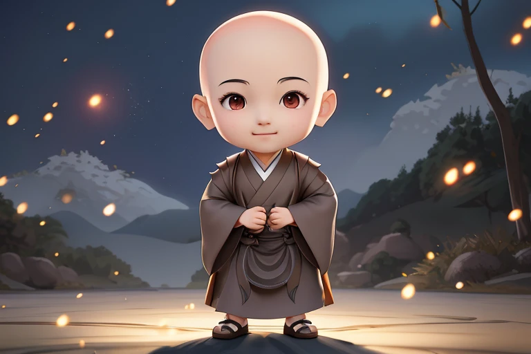 3 year old boy,little monks,There are dimples,Always keep smiling,There is a red mole in the center of the eyebrow,It looks like there is a halo,sitted,One guy,crossedlegs,had his hands folded,bald-headed,