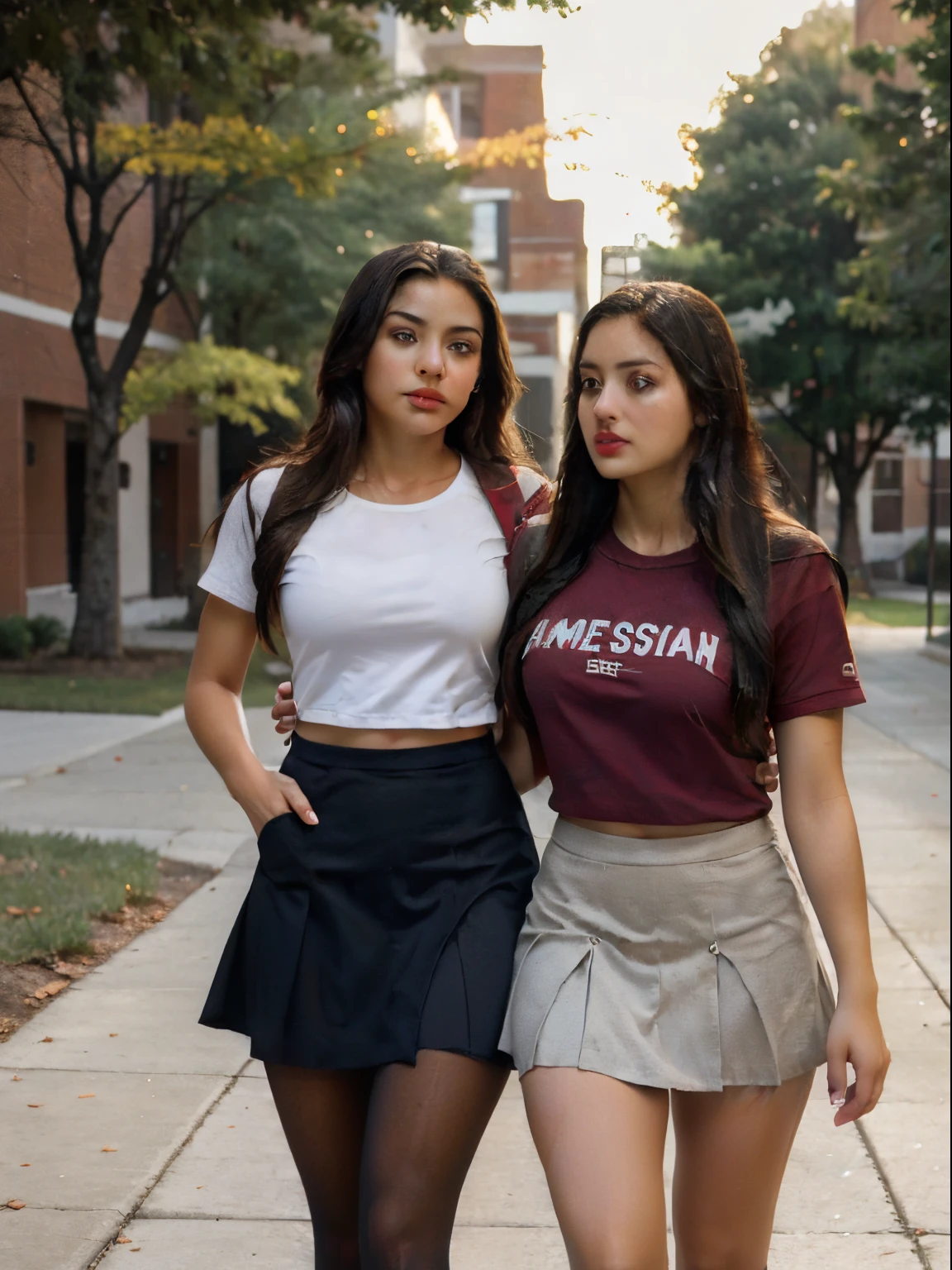 Photo image, show entire body, Latina couple walking college campus, one female is tall. the other female is short, chiseled  face, athletic body, slanted eyes, high cheeks, and full red lips. wearing American school uniforms, short skirt, pantyhose