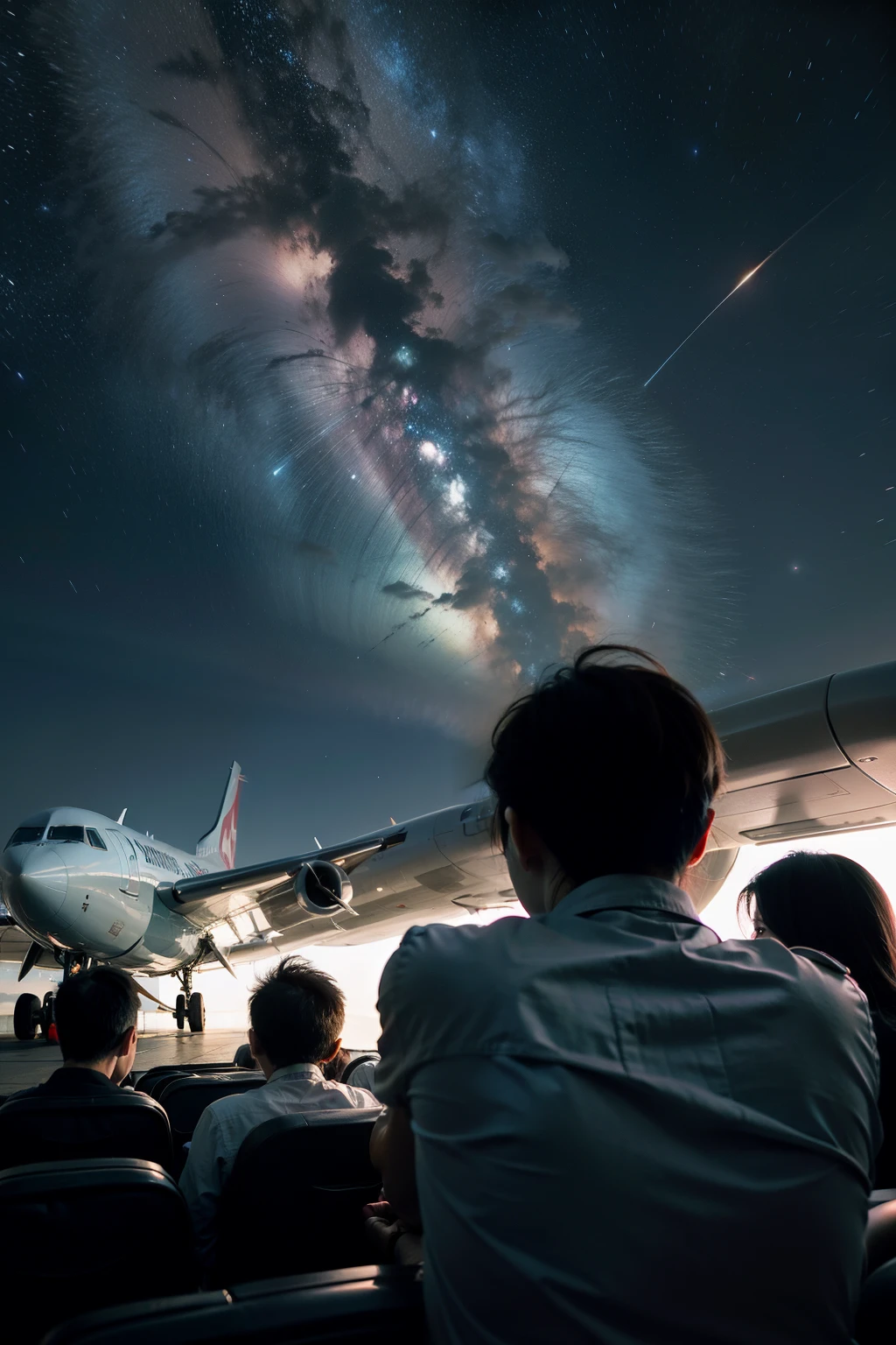 Under the staroys shadow,The sky is full of stars,A passenger plane flies over。style of anime