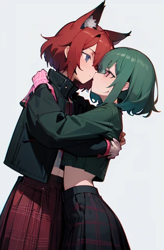 multiple characters in scene, 2 girls, softly toned young , small breasts, short scruffy red hair, fox girl, pale blue eyes and black glasses, wearing a dark green jacket, hugging, pink haired flat chested girl with pink eyes wearing a plaid skirt with black crop top and plaid black jacket and tech mask